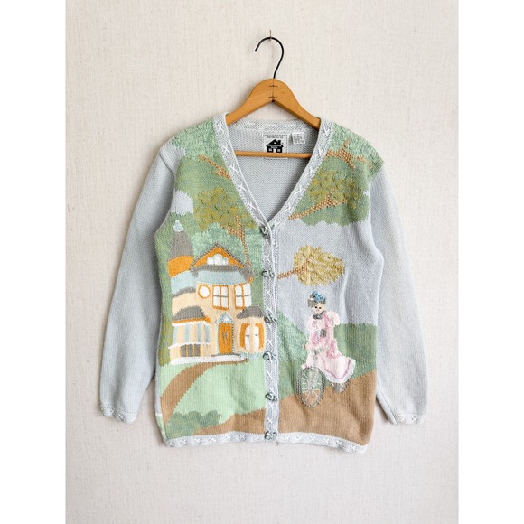 Storybook Knits Sweaters - Storybook Knits Cardigan Victorian House Bicycle Novelty Small Blue Handknit S